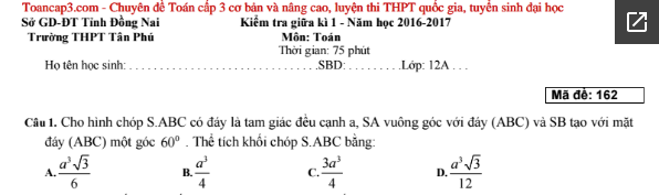 Đề kiểm tra Toán giữa kì trường THPT Tân Phú Đồng Nai mã 162