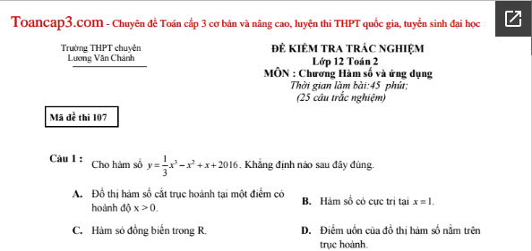 Đề trắc nghiệm Toán THPT chuyên Lương Văn Chánh mã 107