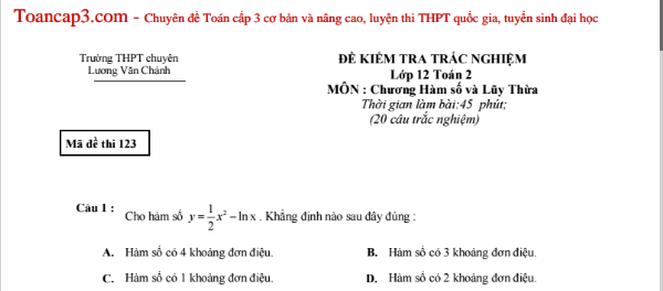 Đề trắc nghiệm Toán THPT chuyên Lương Văn Chánh mã 123
