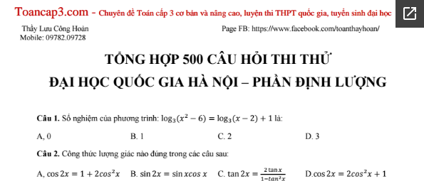 Tổng hợp 500 câu hỏi trắc nghiệm môn Toán đại học quốc gia Hà Nội